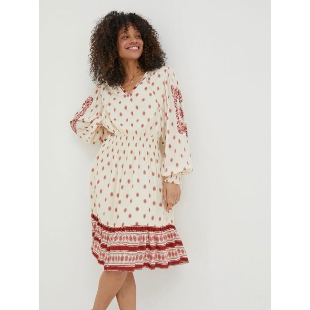 Fat Face “Fleur Devin” cream/red bandana print fit-and-flare dress (size 8)